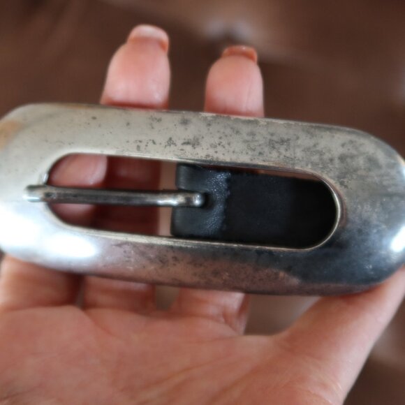 Streets Ahead belt black leather and large oval silver buckle size ITALY $185 S main image 13